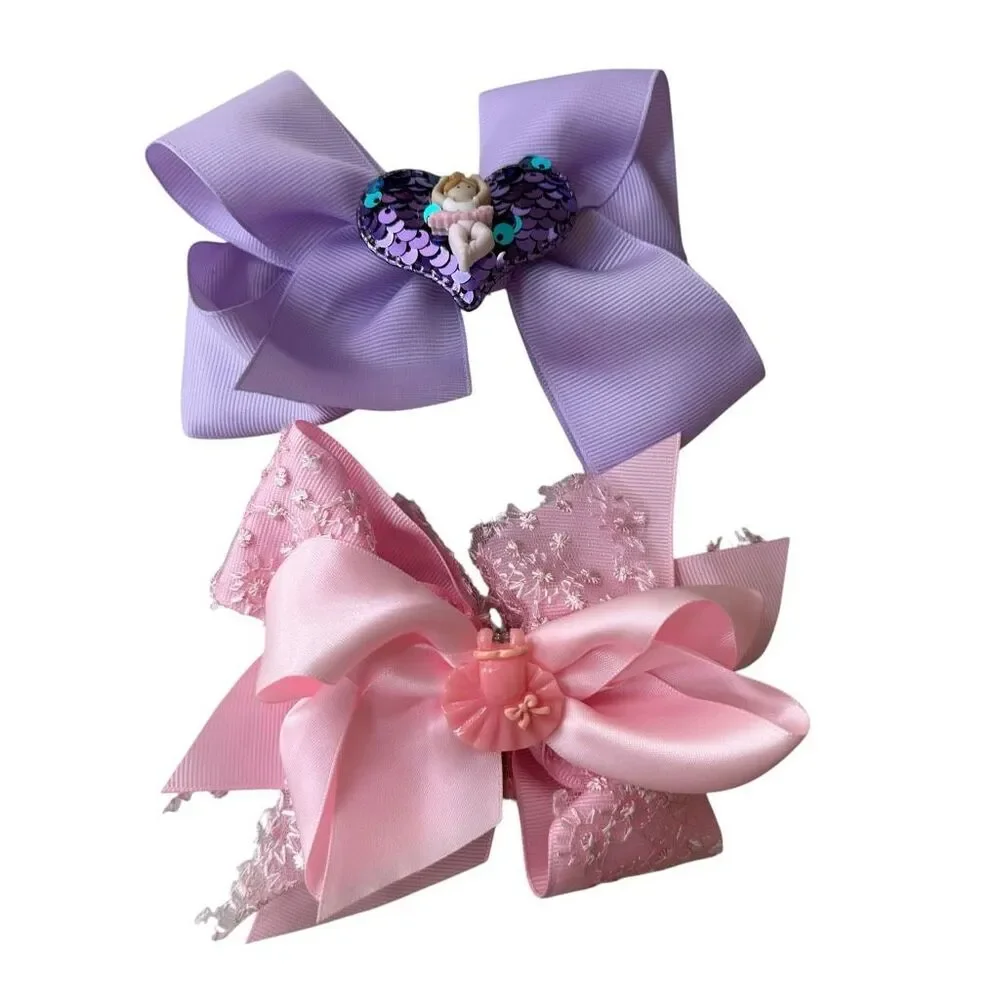 Girls Ballerina Hair Bow Lot of 2 – Pink & Purple Ballet Dance Hair Clips